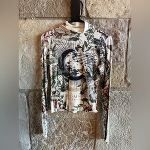 Alice + Olivia Cream Mock Neck Long Sleeve Top with Green & Burgundy Print